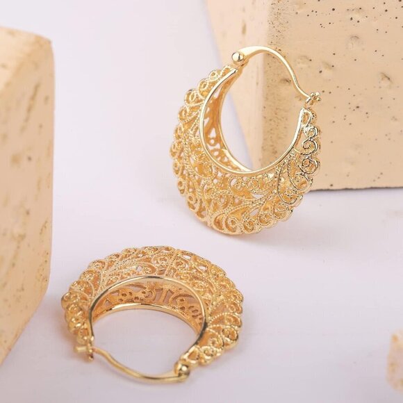 Vintage Women's Gold Filigree Oval Hollowed Gold Plated Dangle Earrings - Picture 4 of 8